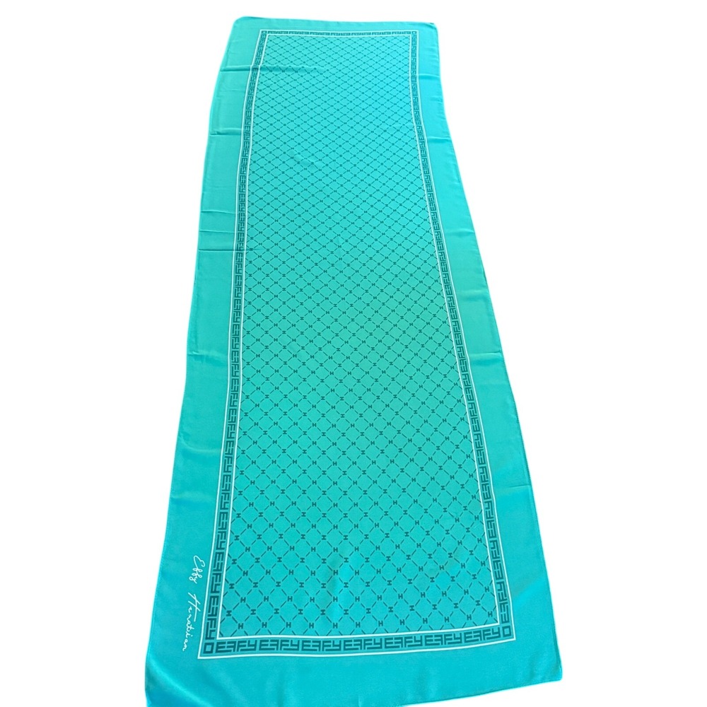 Effy Hematian‎ Teal Green Monogram Silk Scarf Rectangular Wrap Logo Print